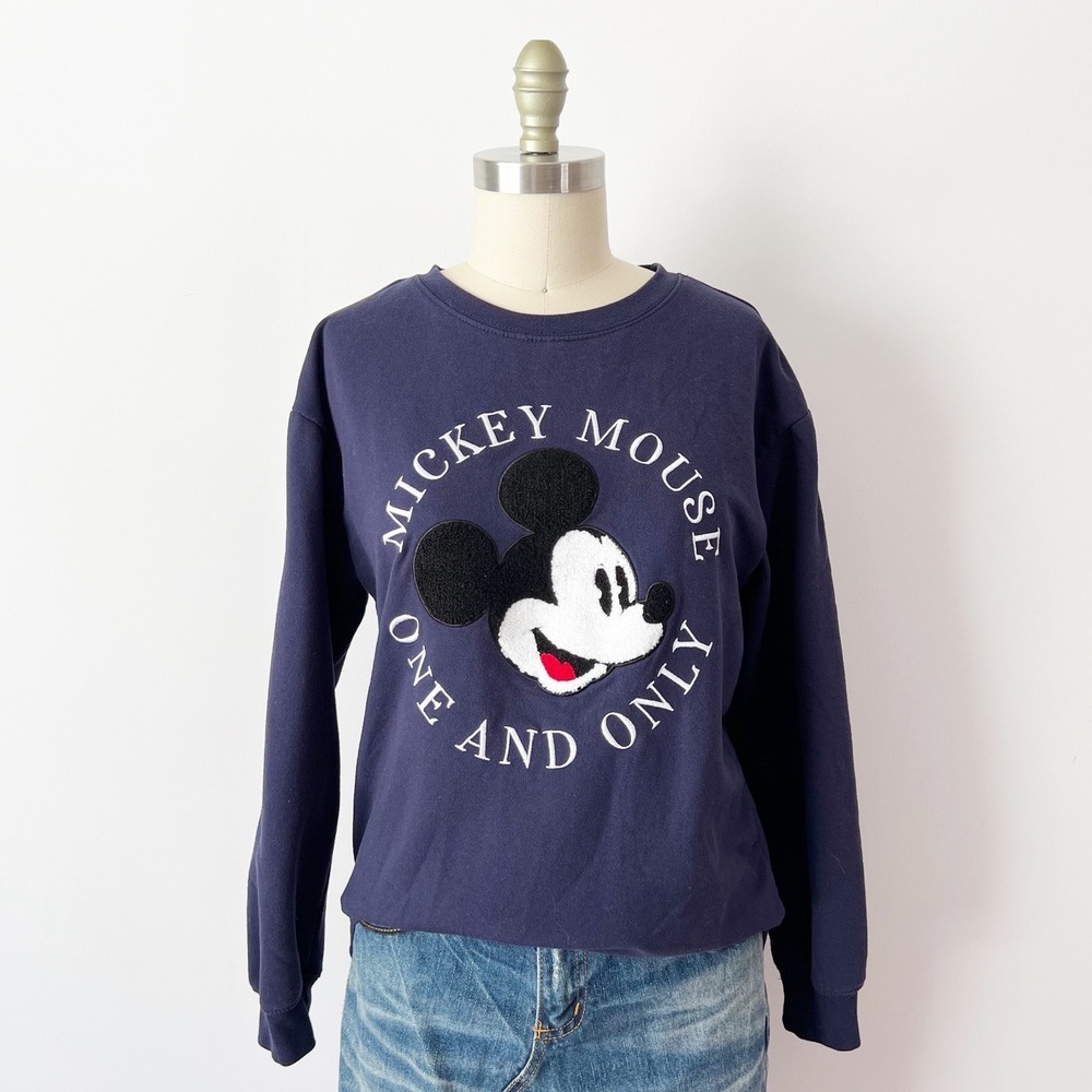 Disney Mickey Mouse Sweatshirt Navy Blue Chenille Patch One and Only Medium